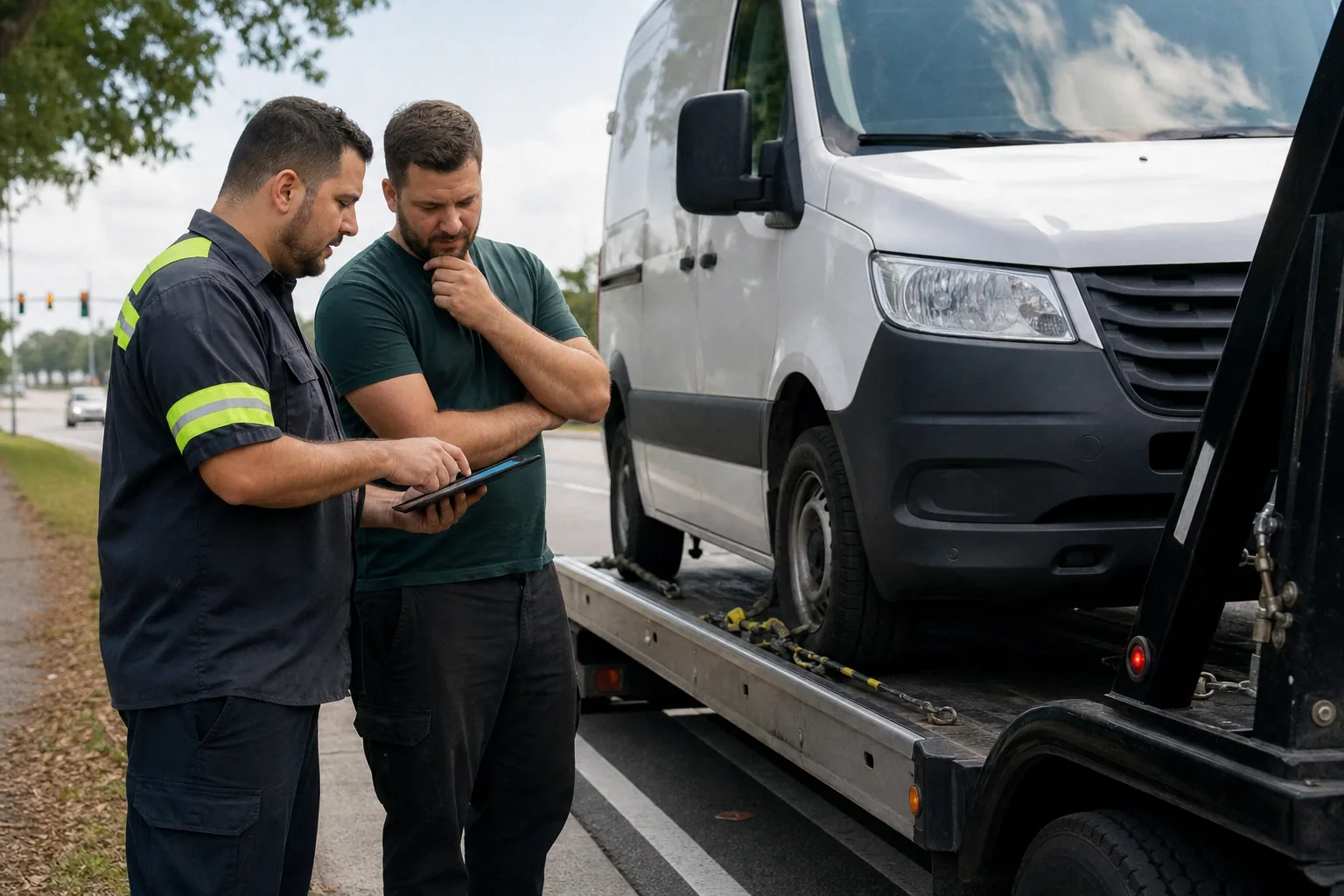 Dispatcher confirming an upfront commercial / fleet towing quote