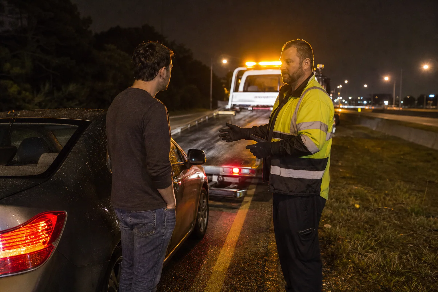 Operator explaining emergency towing (24/7) service to a customer