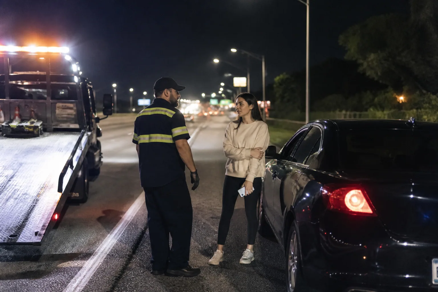 Tow operator assessing a emergency towing (24/7) call with a Clermont driver