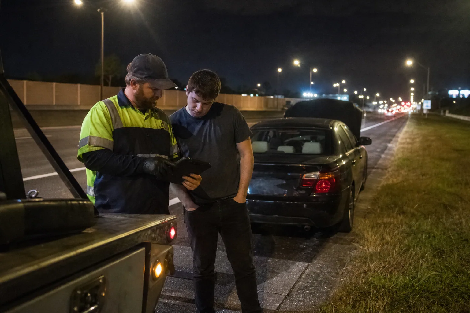 Dispatcher confirming an upfront emergency towing (24/7) quote