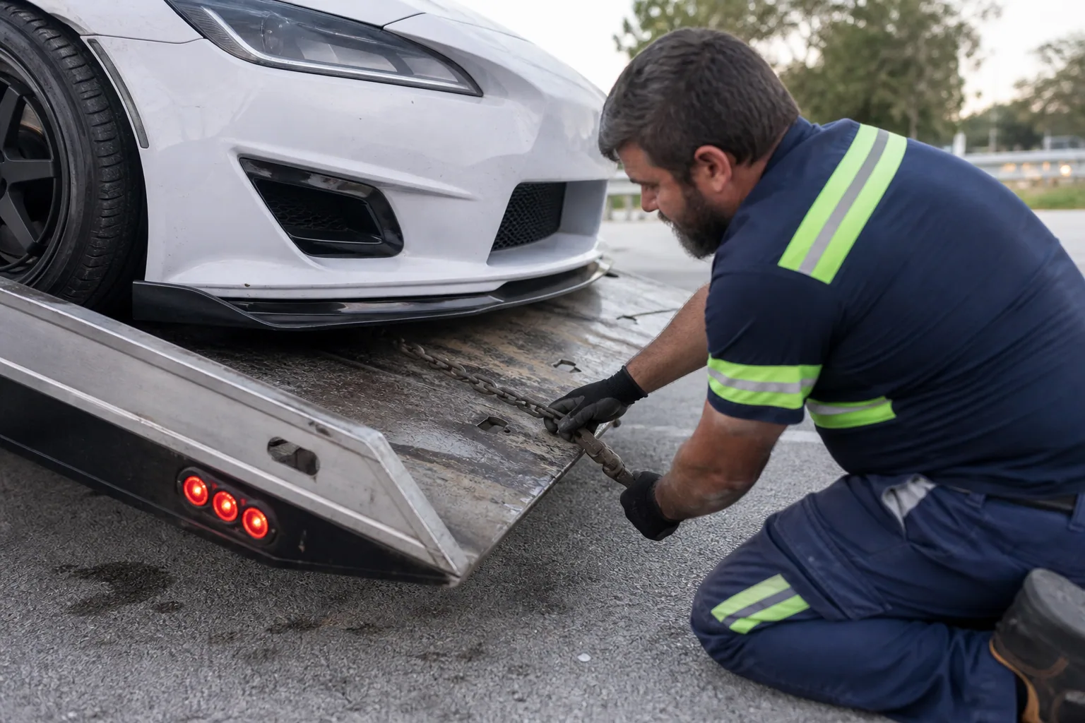 Careful equipment setup for damage-free flatbed towing