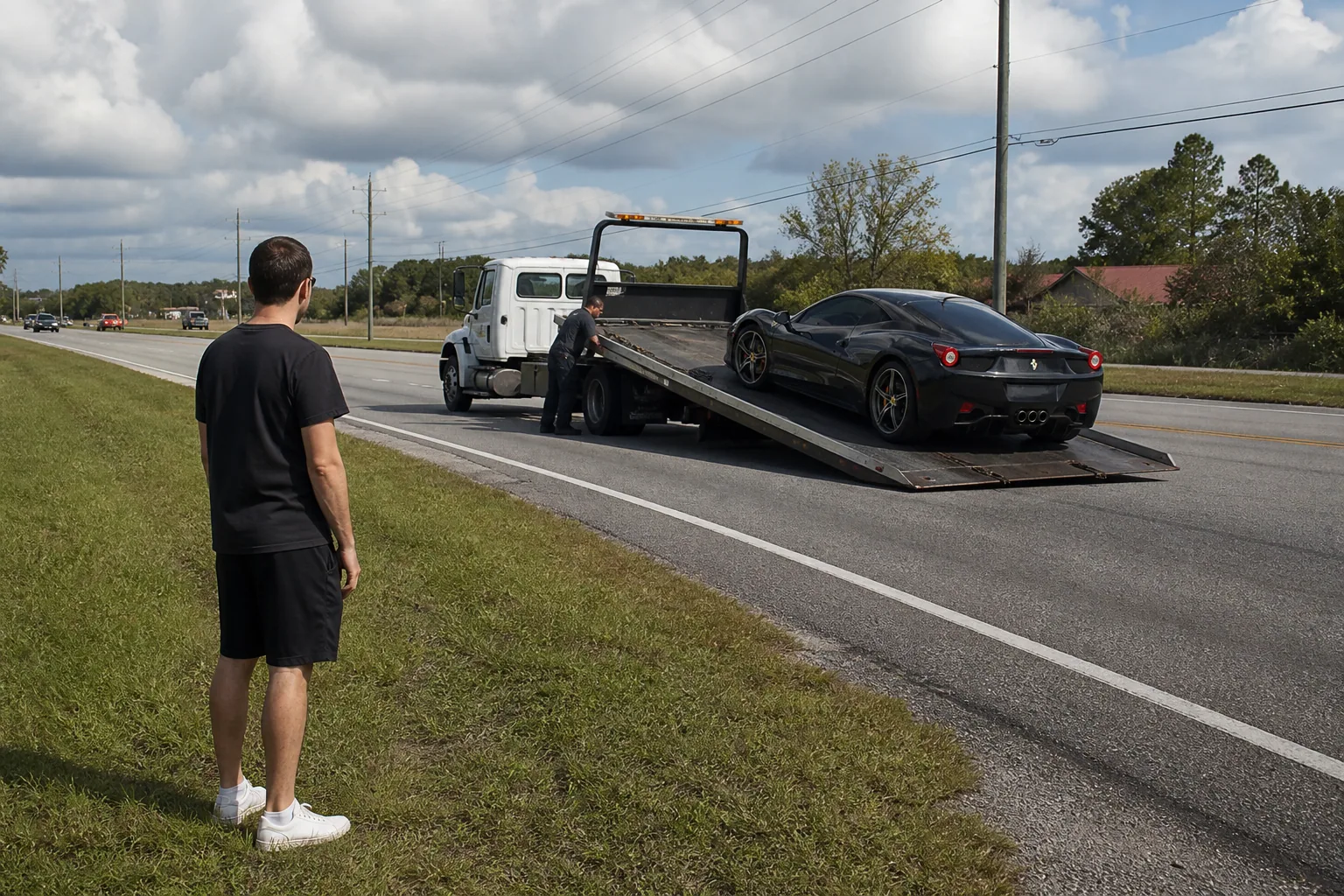 Flatbed Towing help arriving for a waiting Clermont driver
