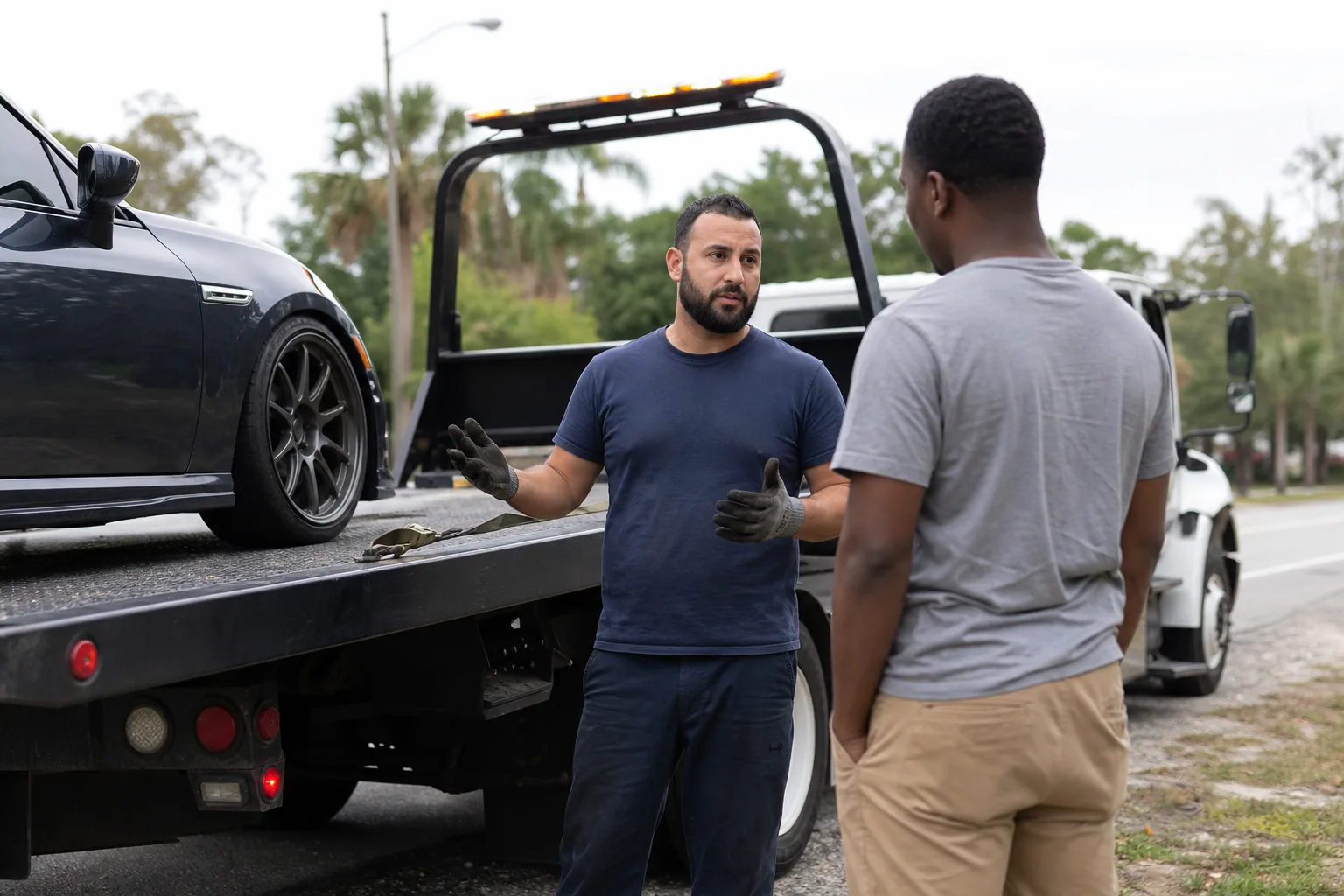 Operator explaining flatbed towing service to a customer