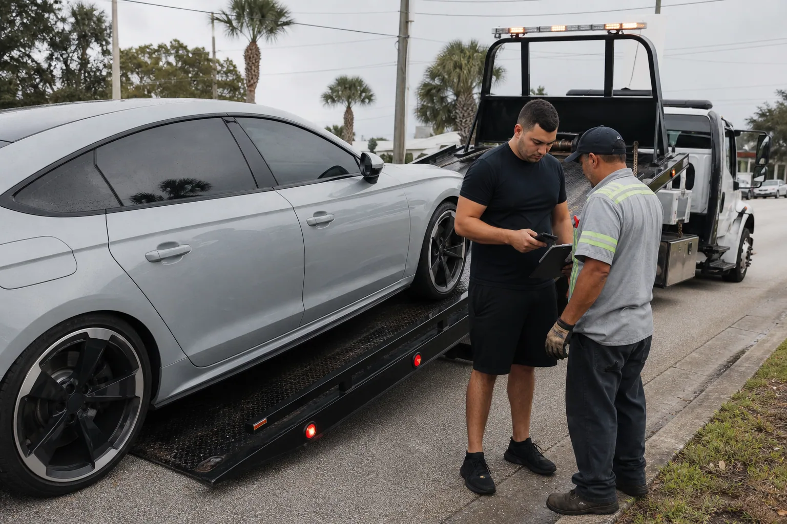 Dispatcher confirming an upfront flatbed towing quote