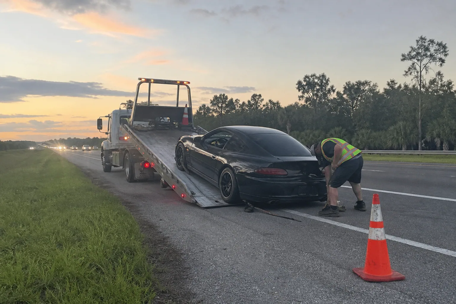 A common flatbed towing situation handled safely in Clermont