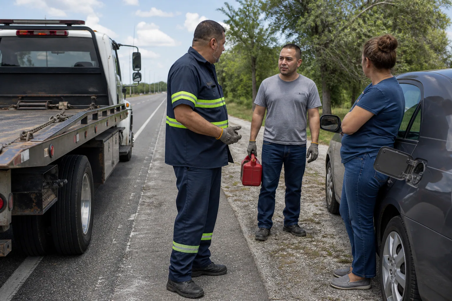 Tow operator assessing a fuel delivery service call with a Clermont driver