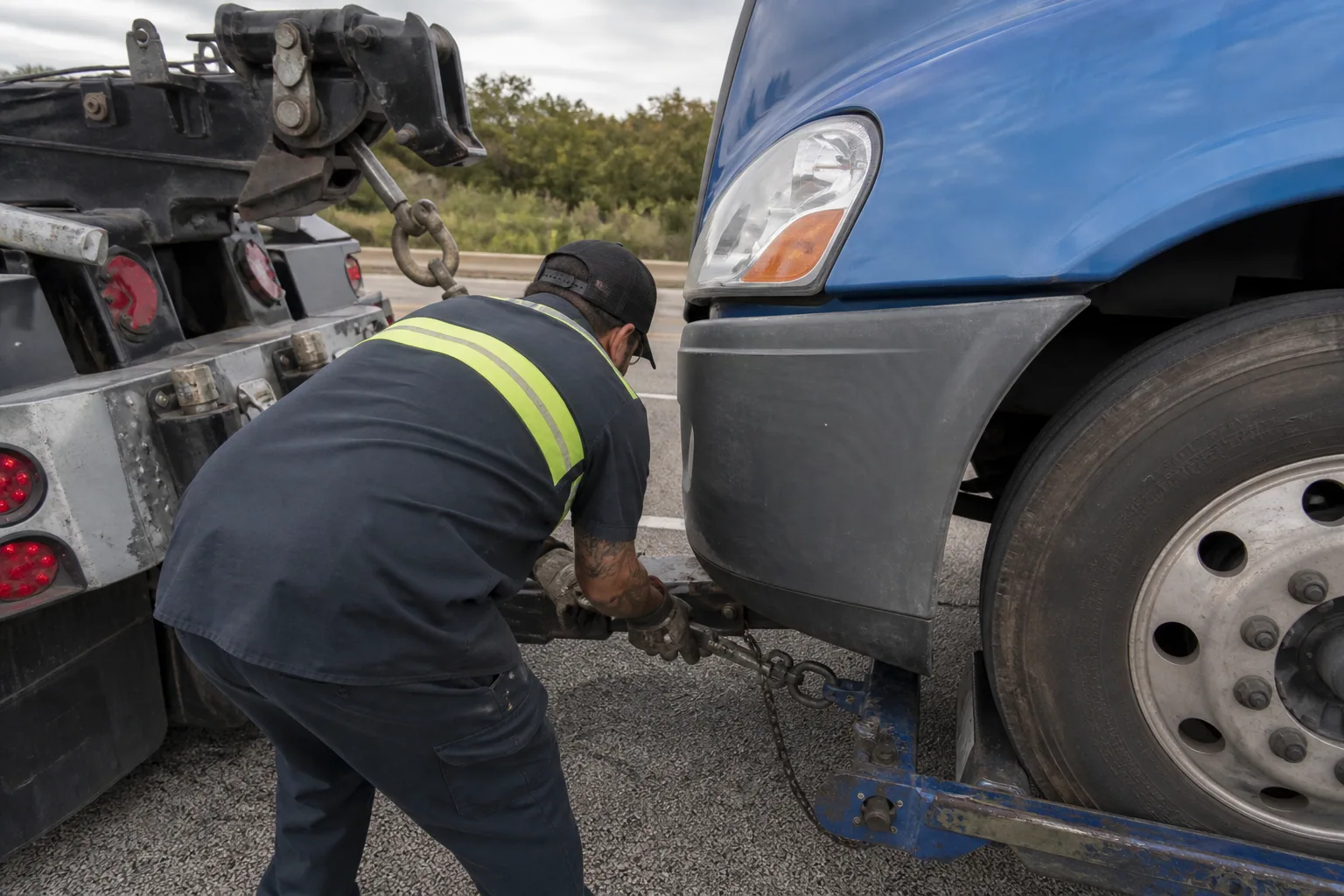 Careful equipment setup for damage-free heavy-duty towing