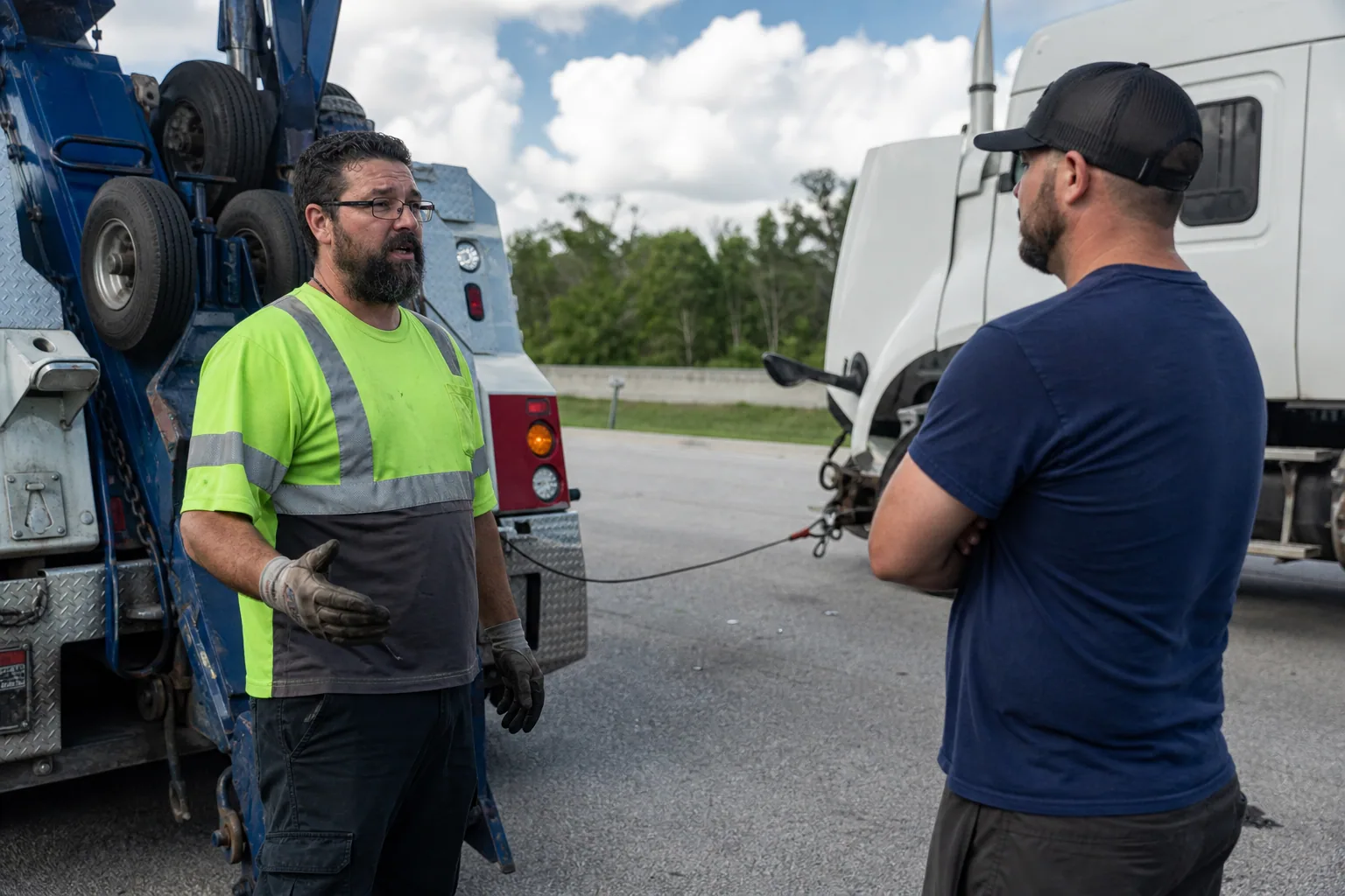 Operator explaining heavy-duty towing service to a customer