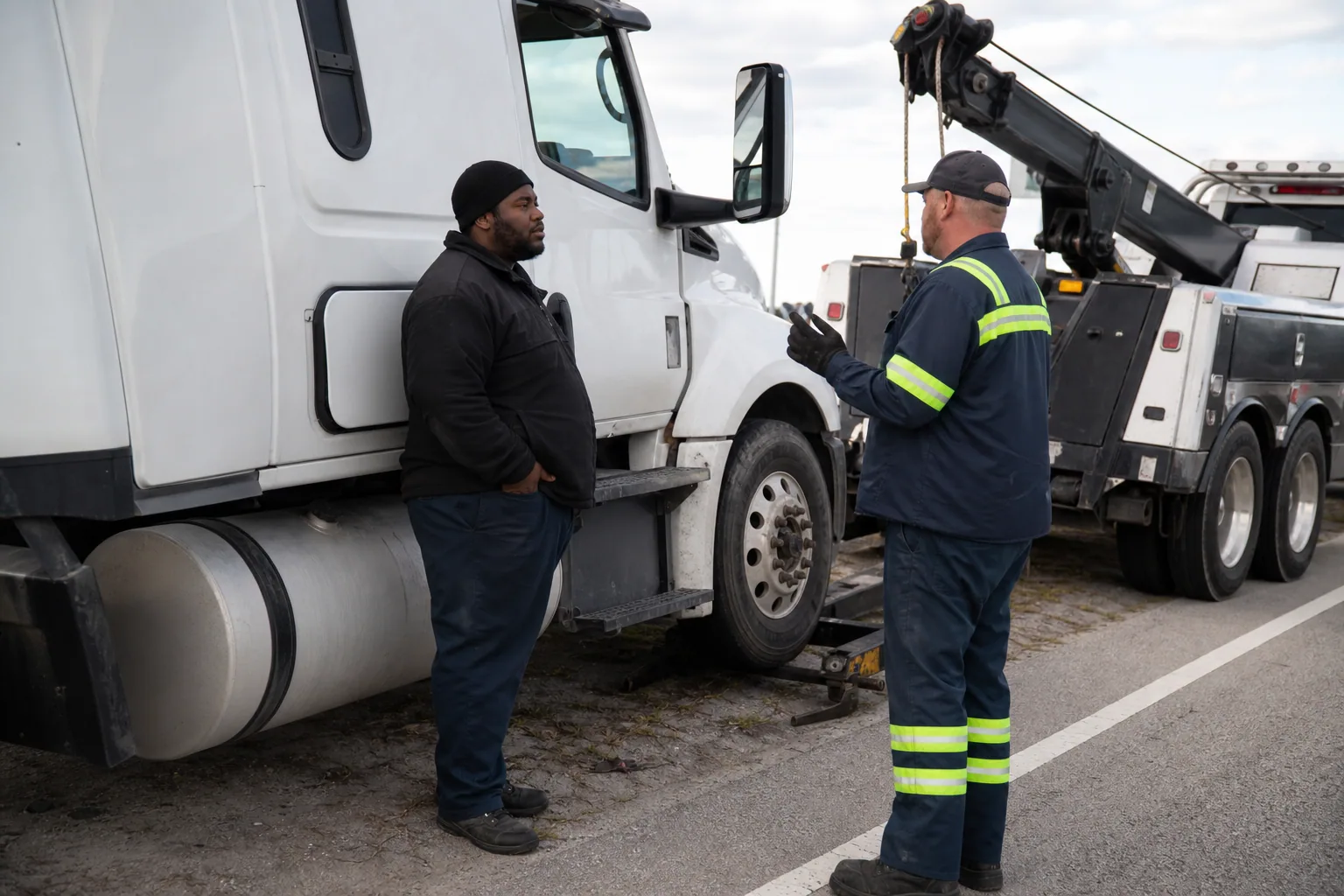 Tow operator assessing a heavy-duty towing call with a Clermont driver