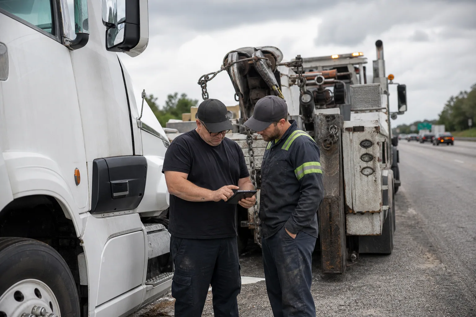 Dispatcher confirming an upfront heavy-duty towing quote