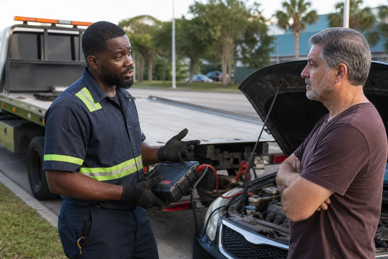 Operator explaining jump start service service to a customer