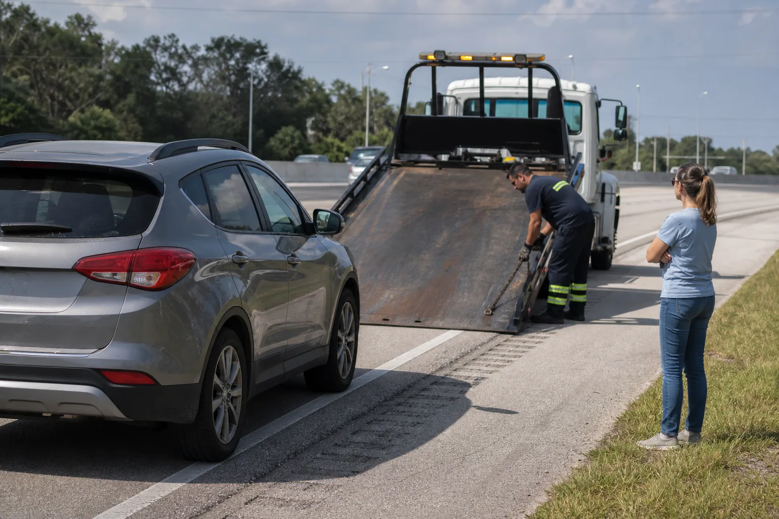 Light-Duty Towing help arriving for a waiting Clermont driver