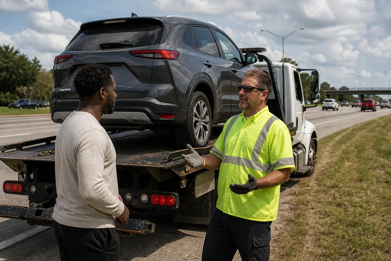Operator explaining light-duty towing service to a customer