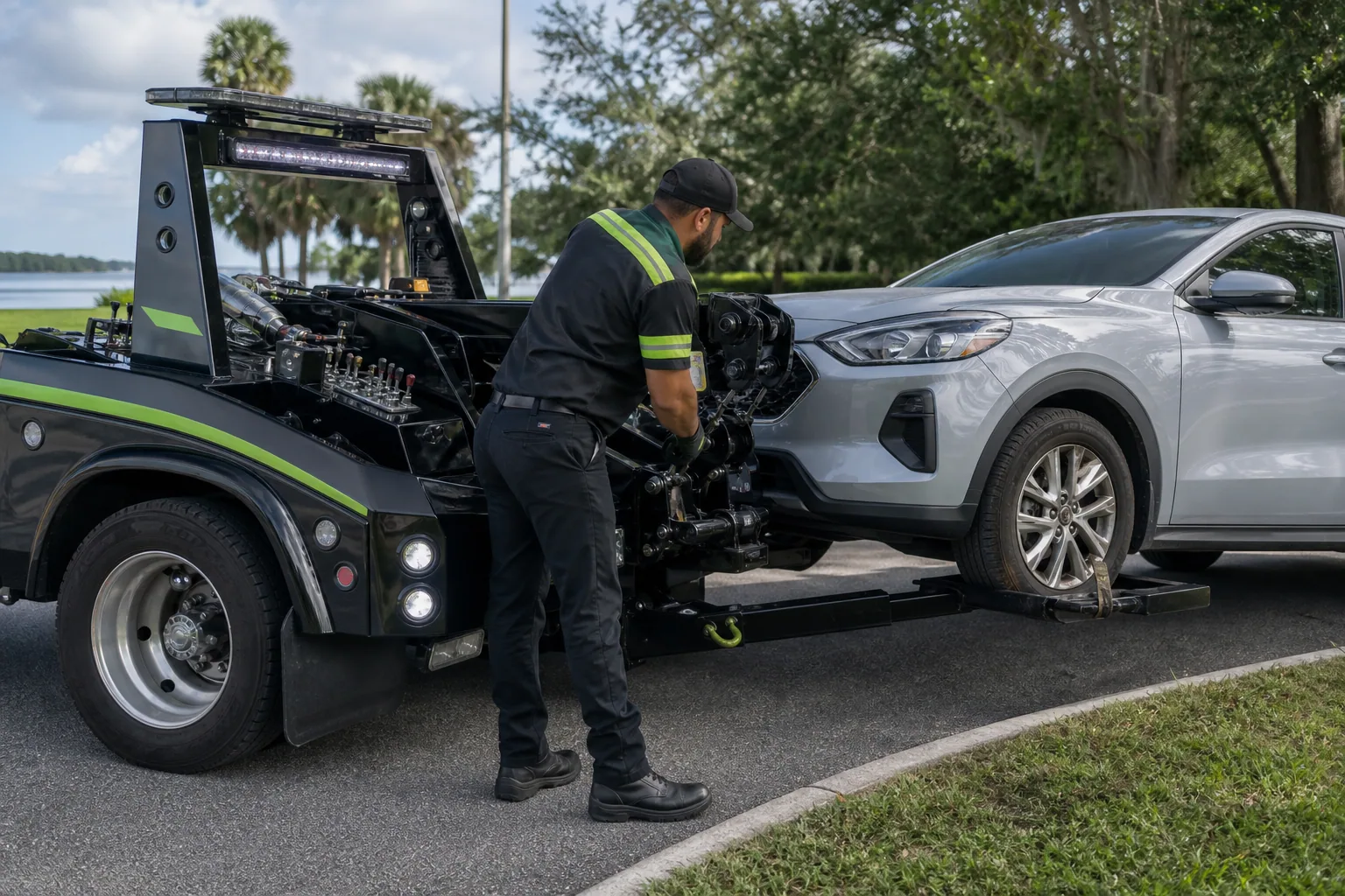 Professional light-duty towing underway in Clermont, Florida