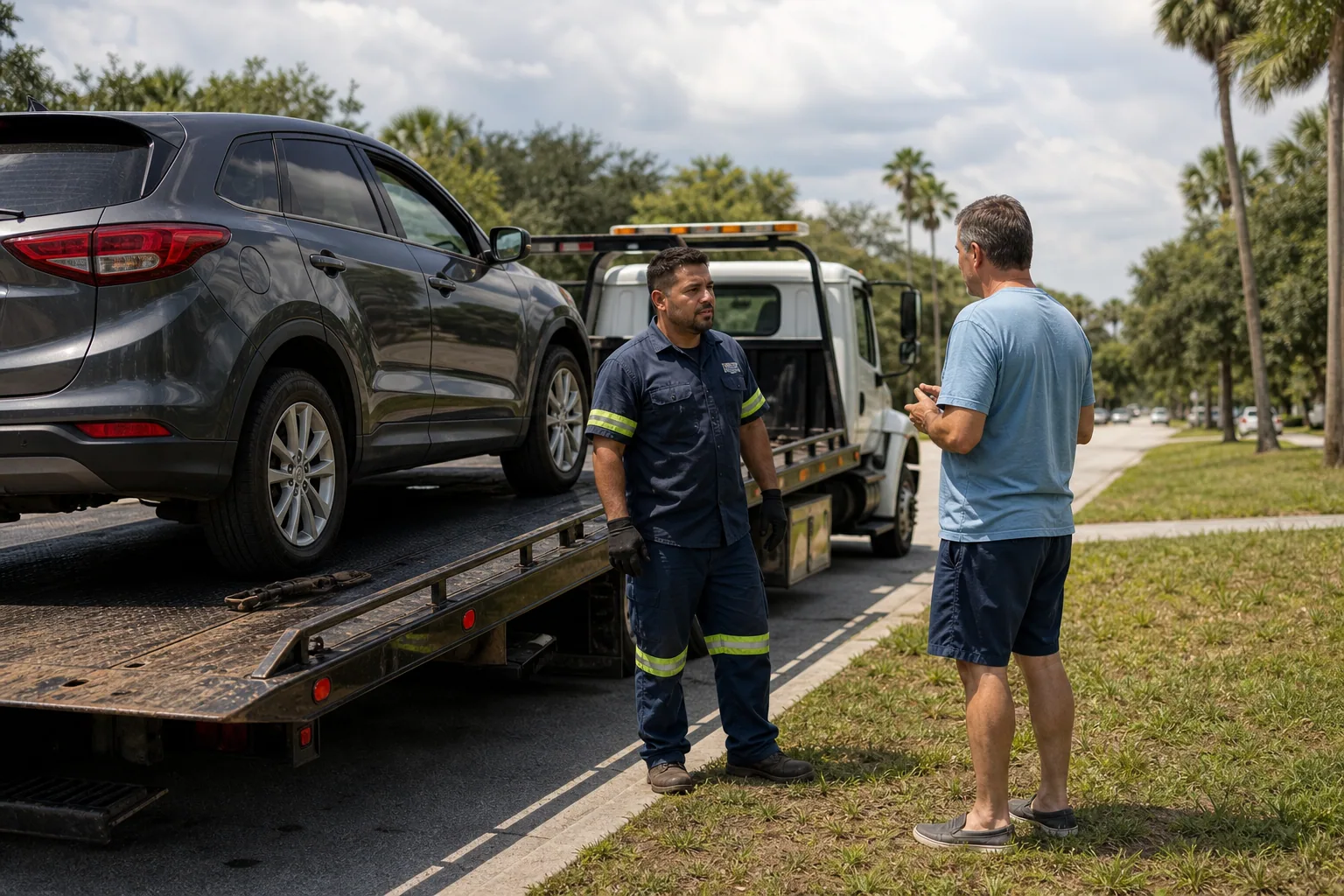 Tow operator assessing a light-duty towing call with a Clermont driver