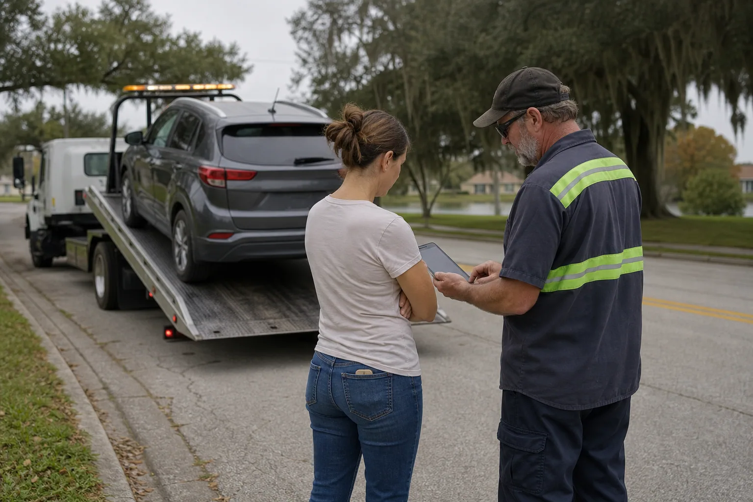 Dispatcher confirming an upfront light-duty towing quote