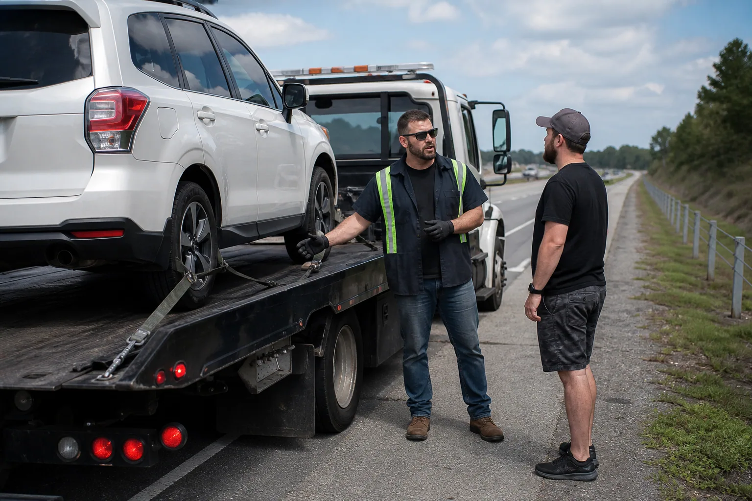 Operator explaining long distance towing service to a customer