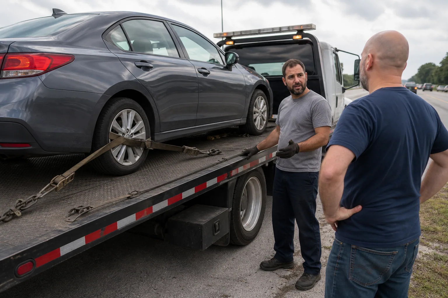 Tow operator assessing a long distance towing call with a Clermont driver