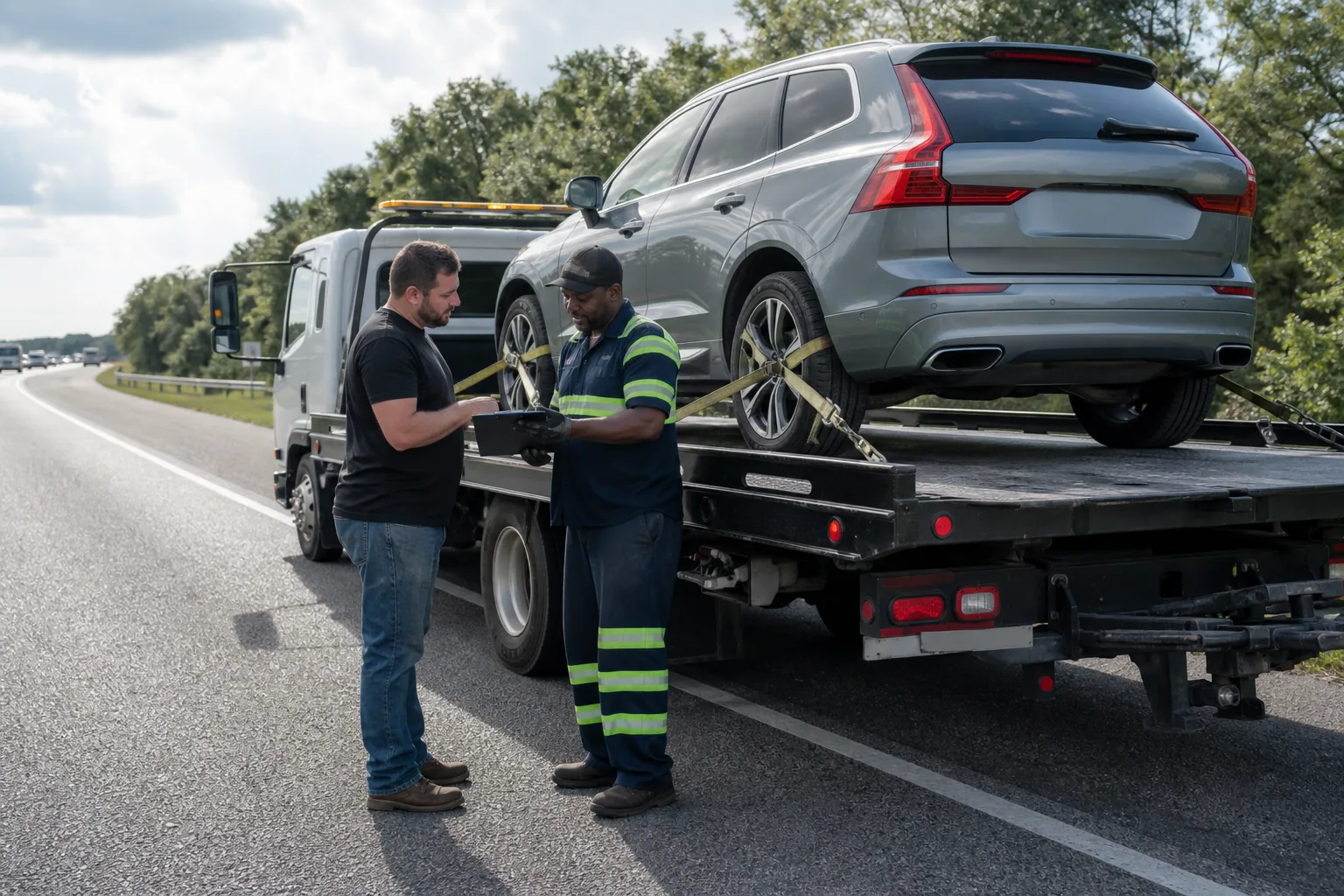 Dispatcher confirming an upfront long distance towing quote