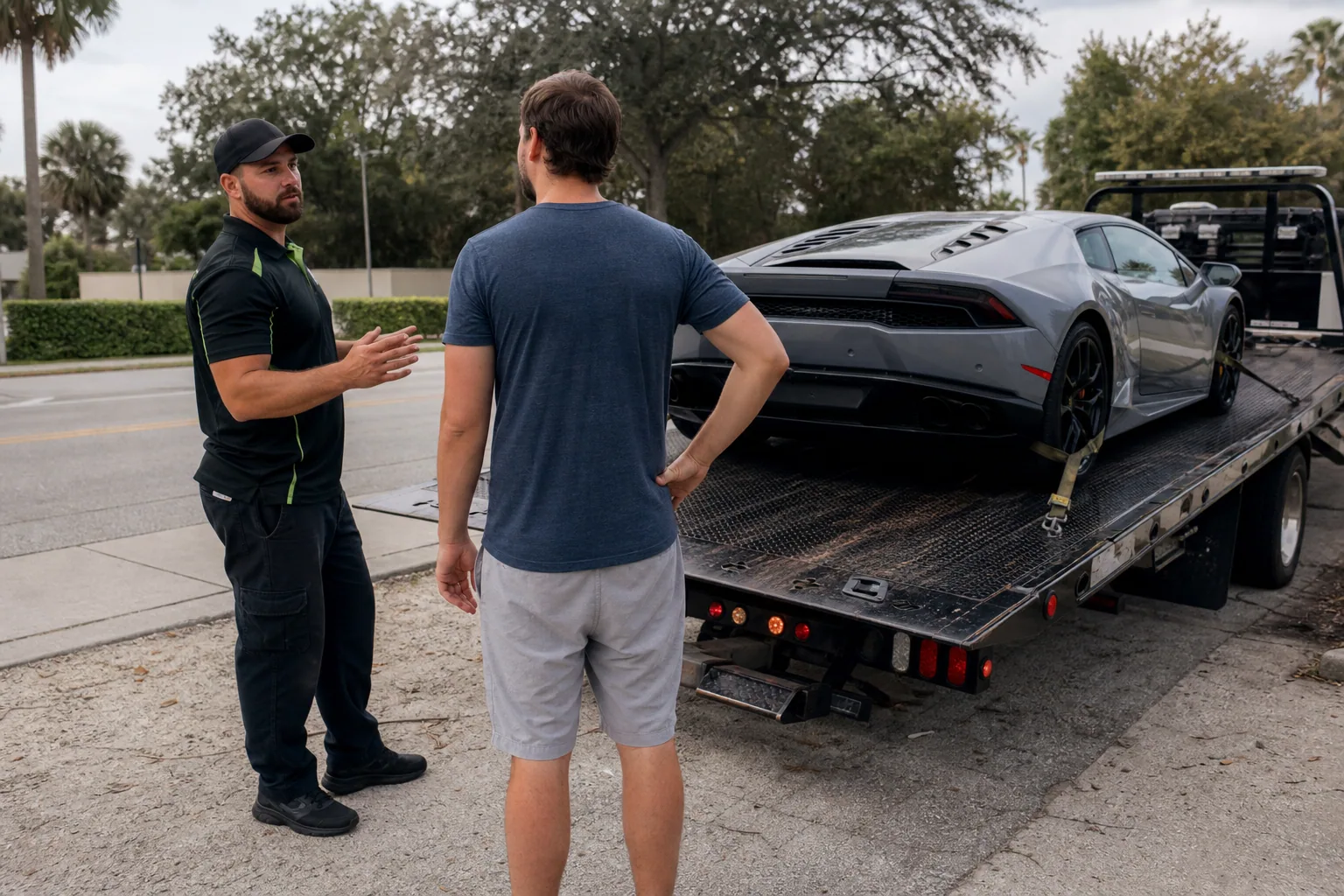 Operator explaining luxury & exotic car towing service to a customer