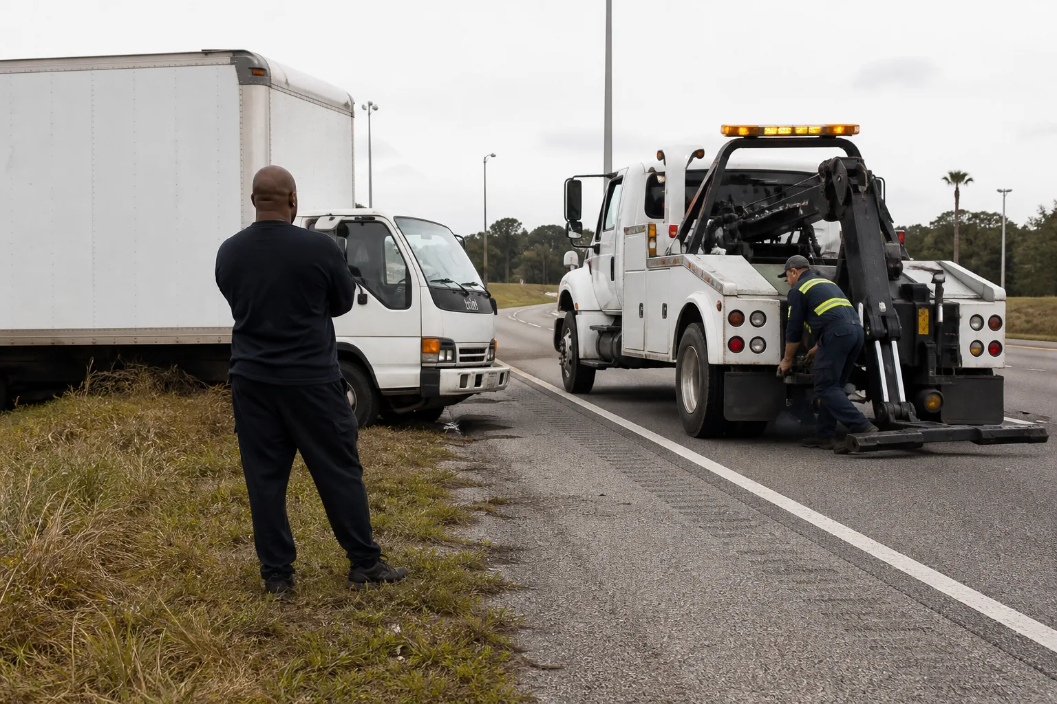 Medium-Duty Towing help arriving for a waiting Clermont driver