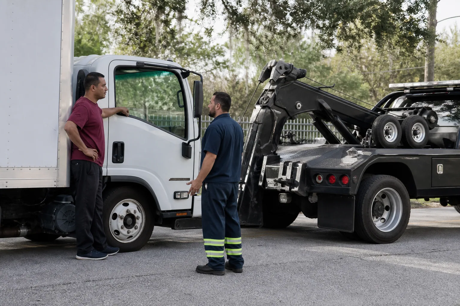 Tow operator assessing a medium-duty towing call with a Clermont driver
