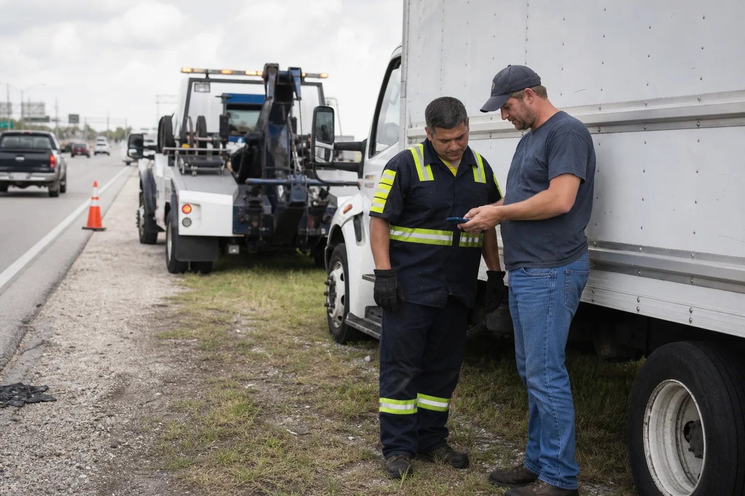 Dispatcher confirming an upfront medium-duty towing quote