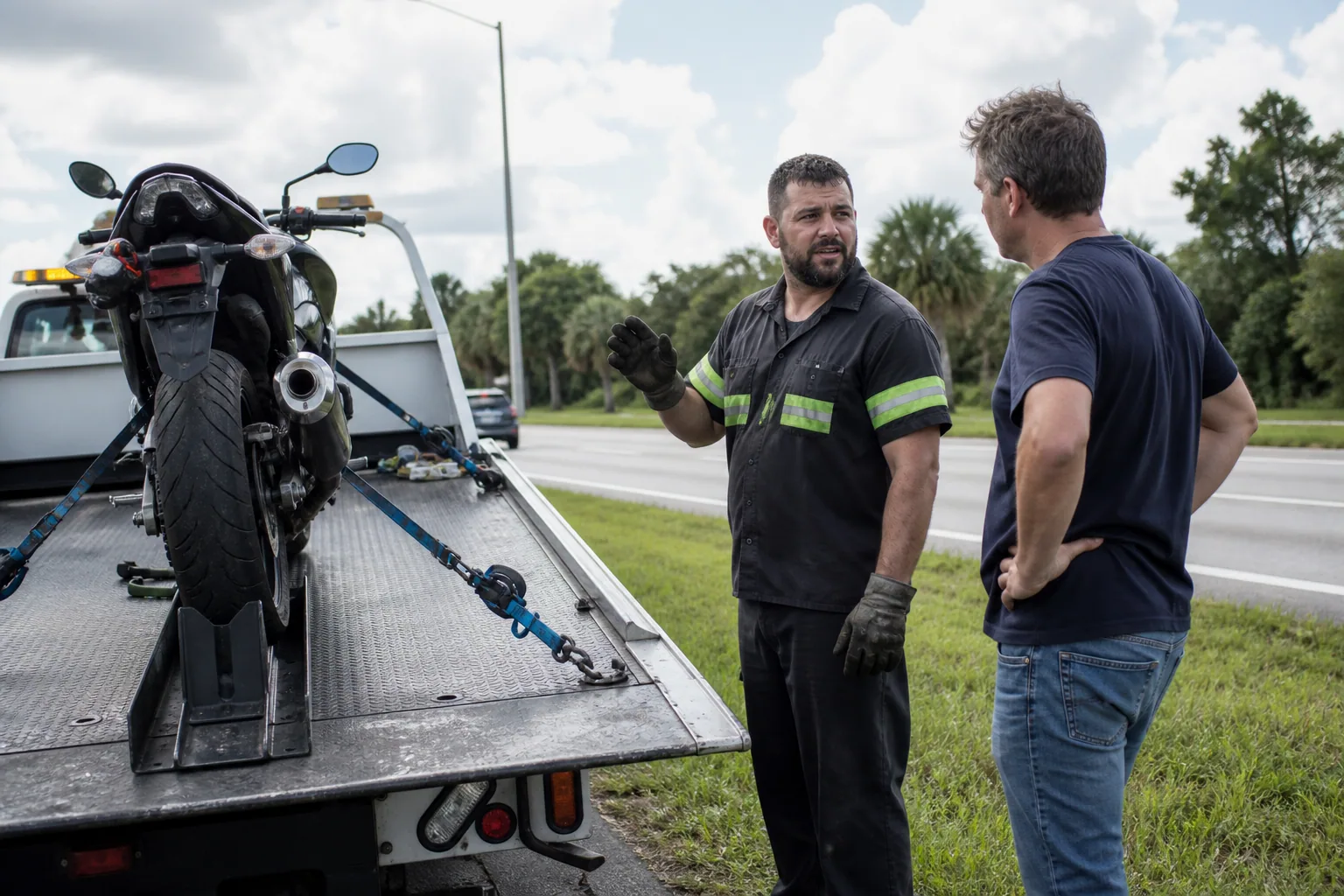 Operator explaining motorcycle towing service to a customer