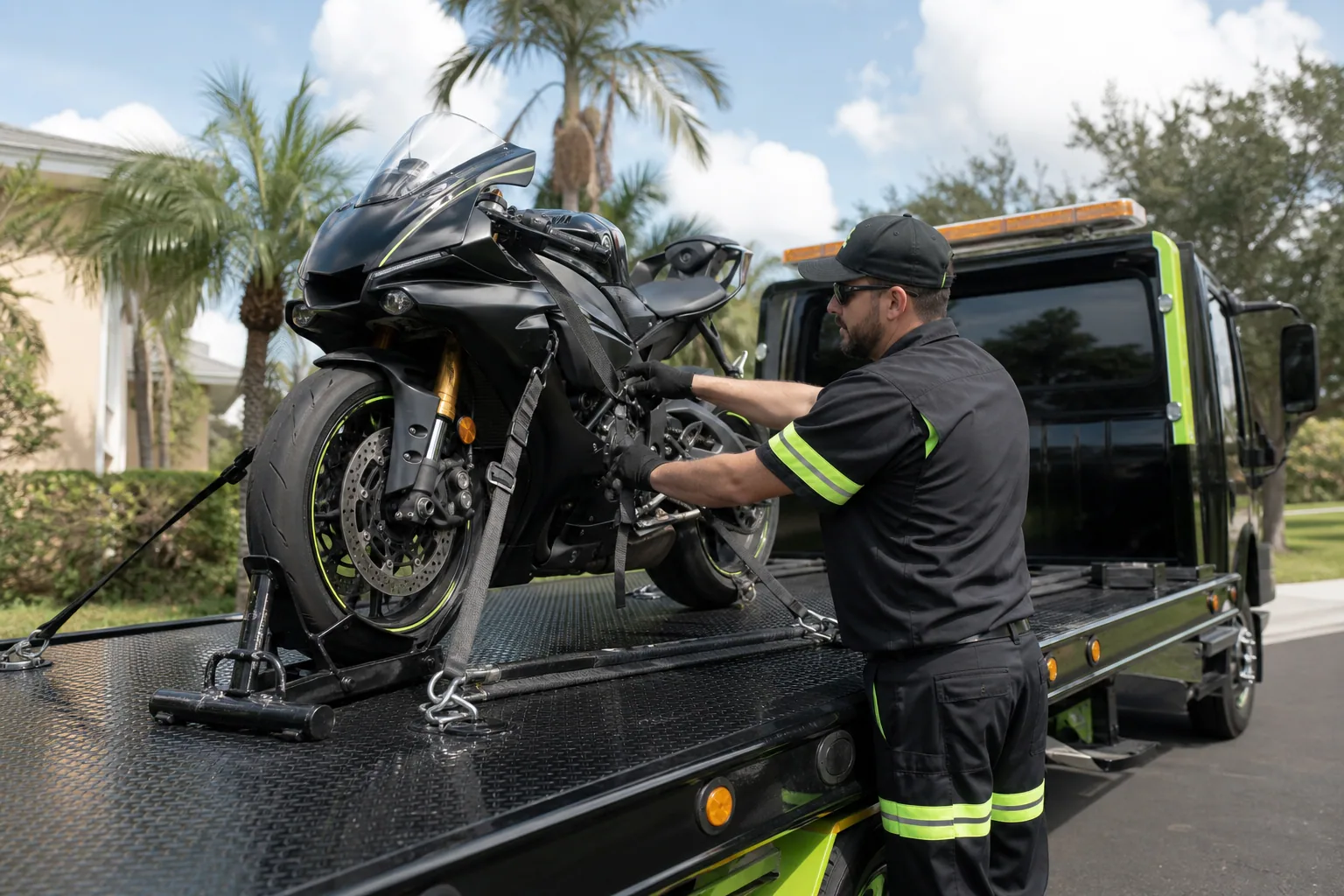 Professional motorcycle towing underway in Clermont, Florida