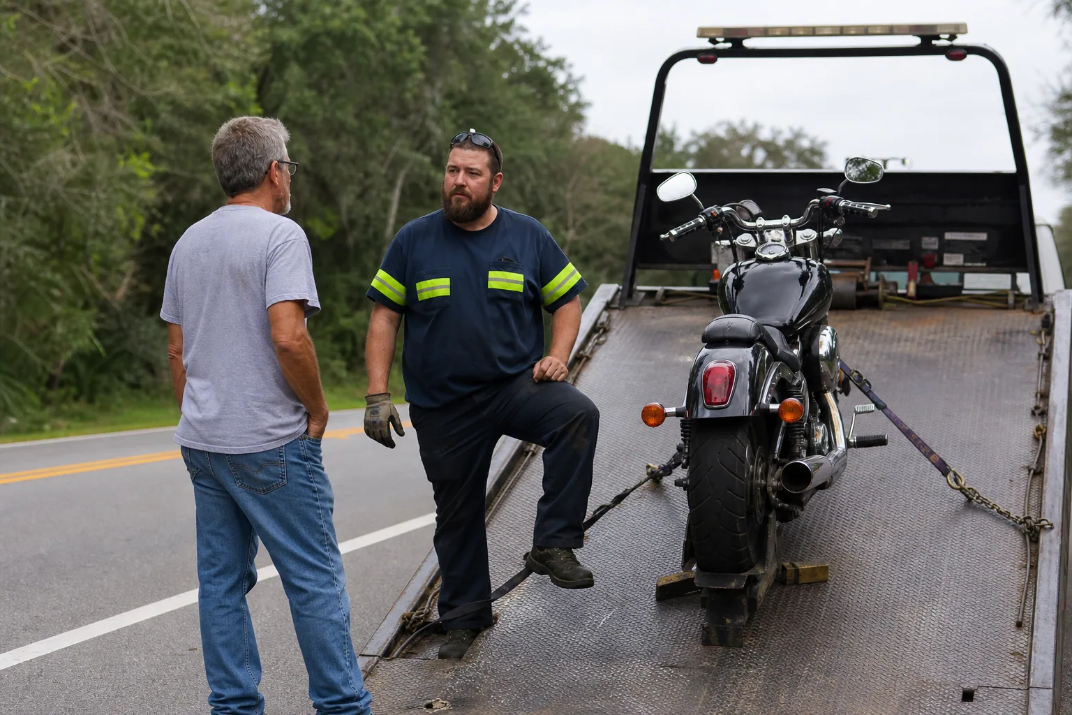 Tow operator assessing a motorcycle towing call with a Clermont driver