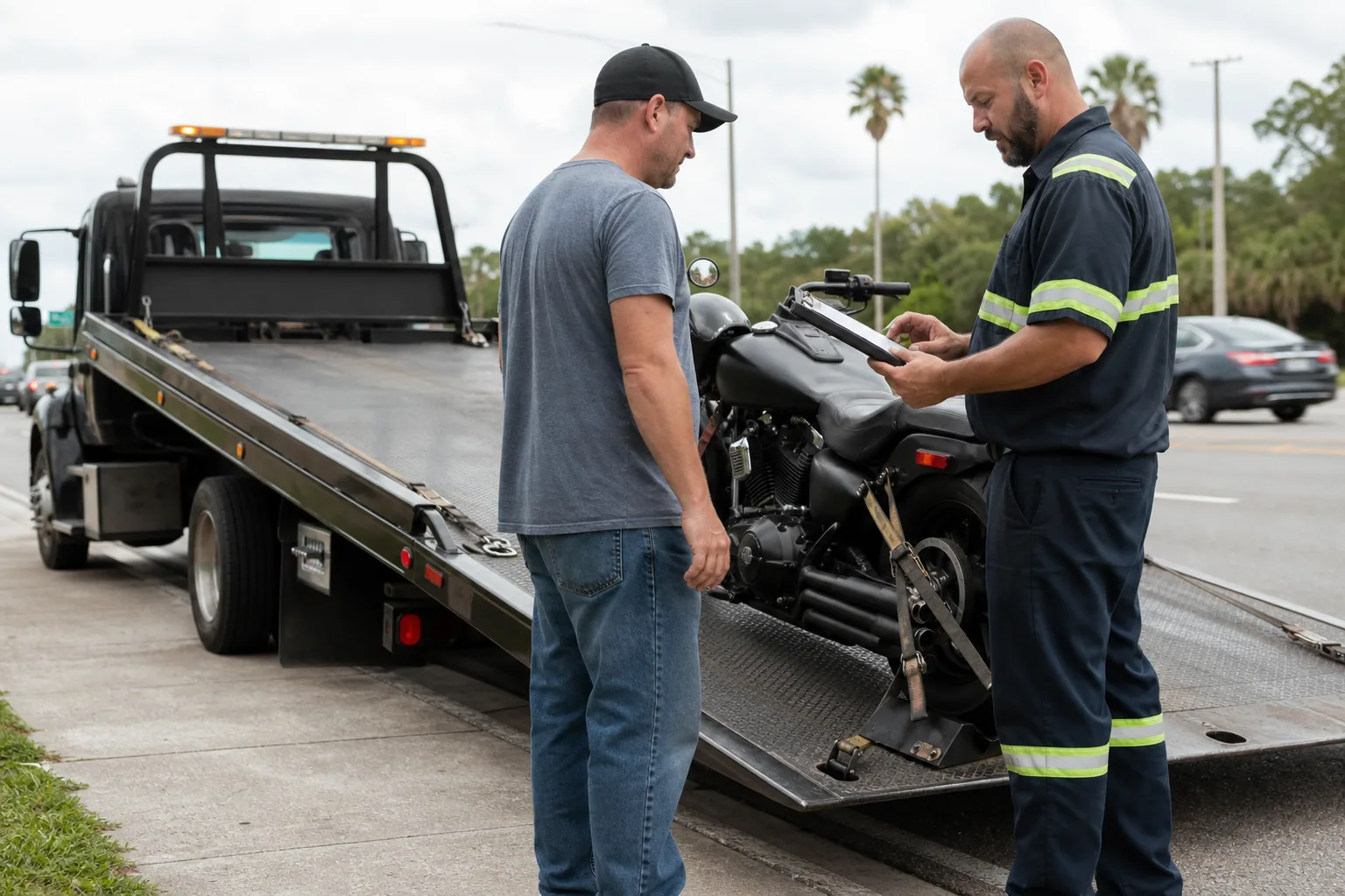 Dispatcher confirming an upfront motorcycle towing quote