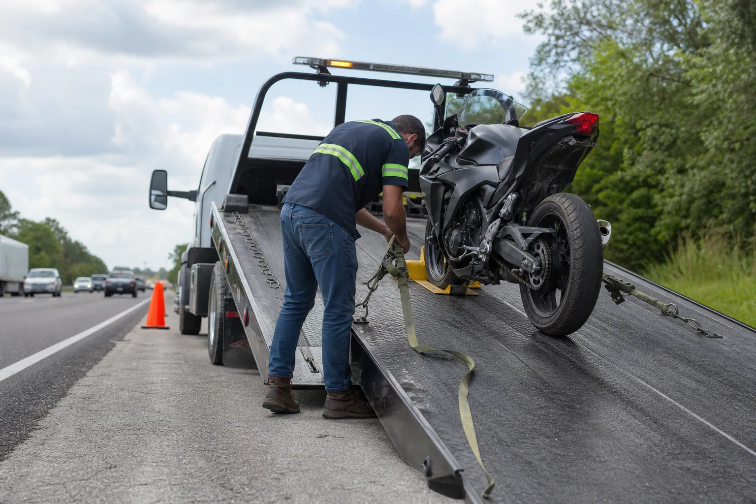 A common motorcycle towing situation handled safely in Clermont
