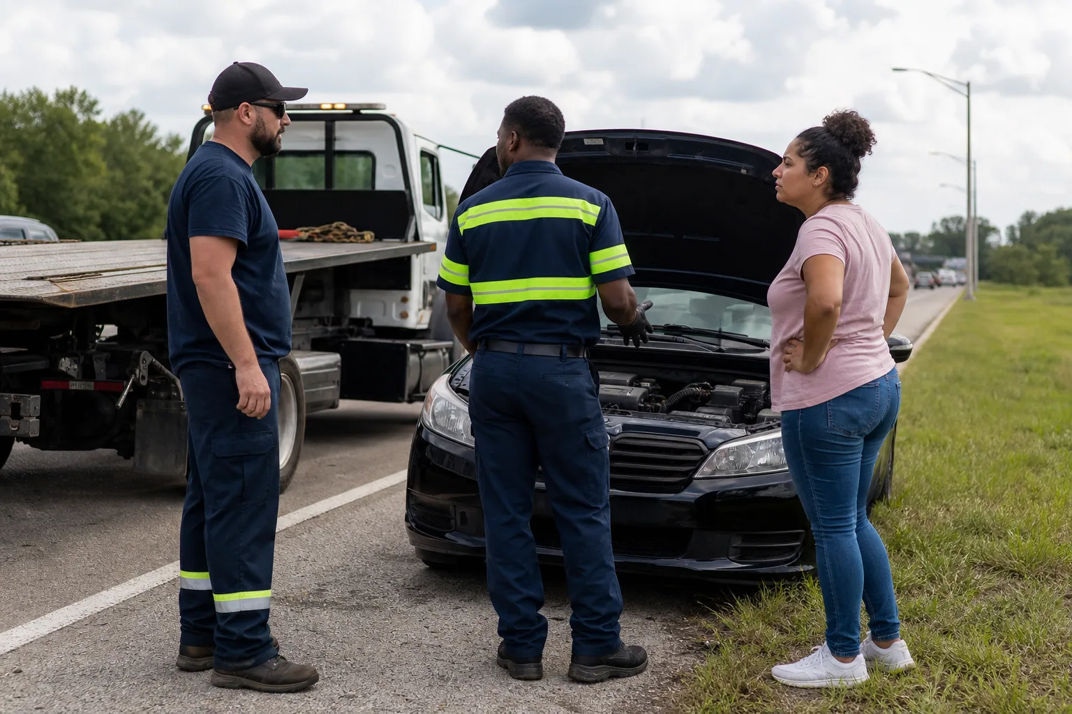 Tow operator assessing a overheating & radiator assistance call with a Clermont driver