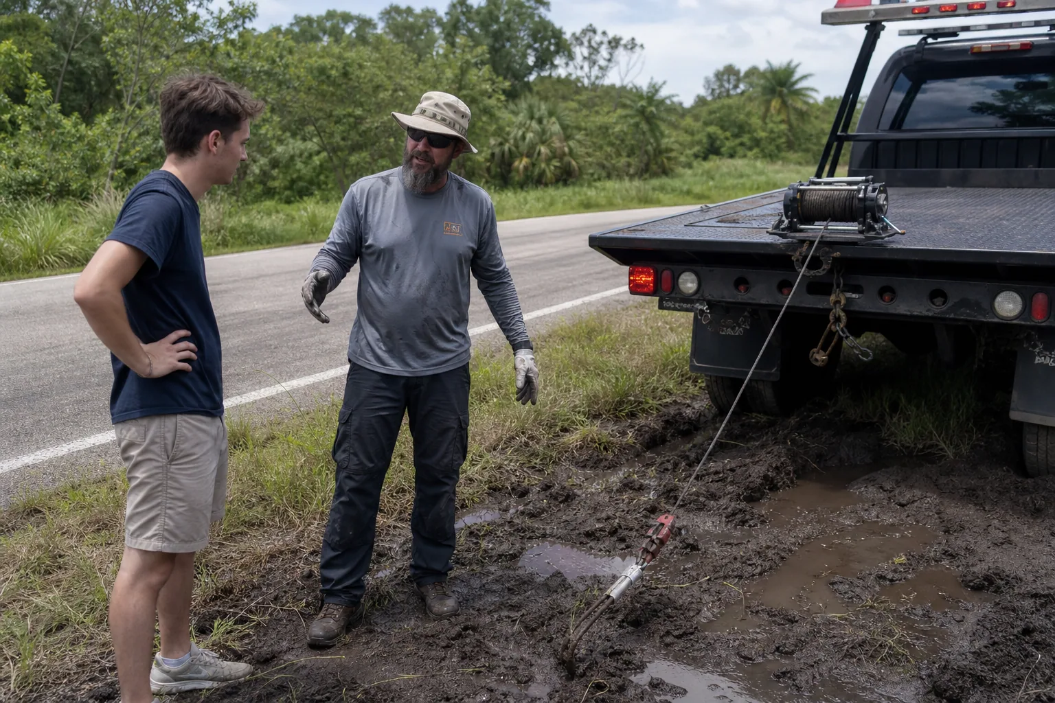 Operator explaining stuck vehicle recovery service to a customer