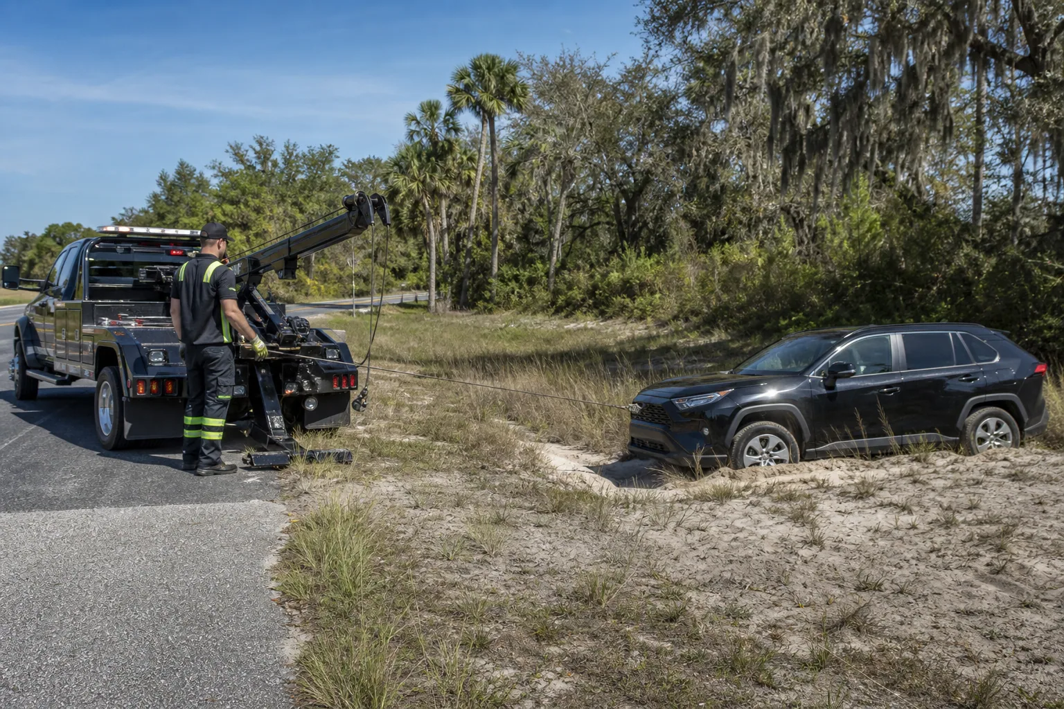 Professional stuck vehicle recovery underway in Clermont, Florida