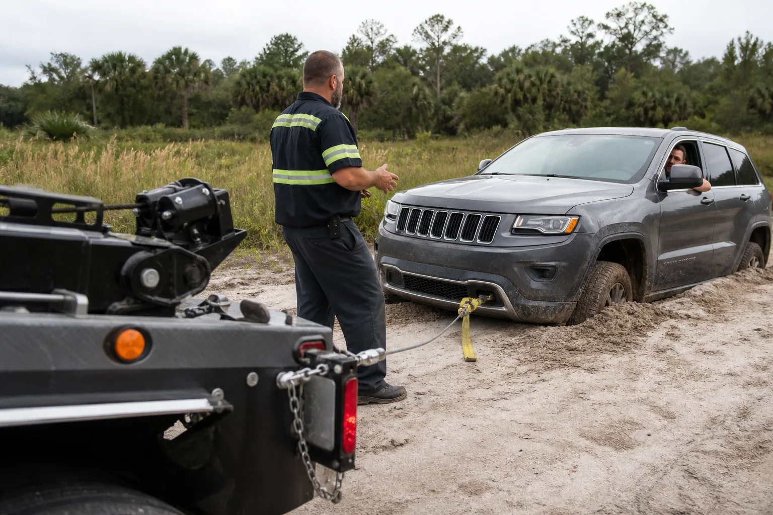Tow operator assessing a stuck vehicle recovery call with a Clermont driver