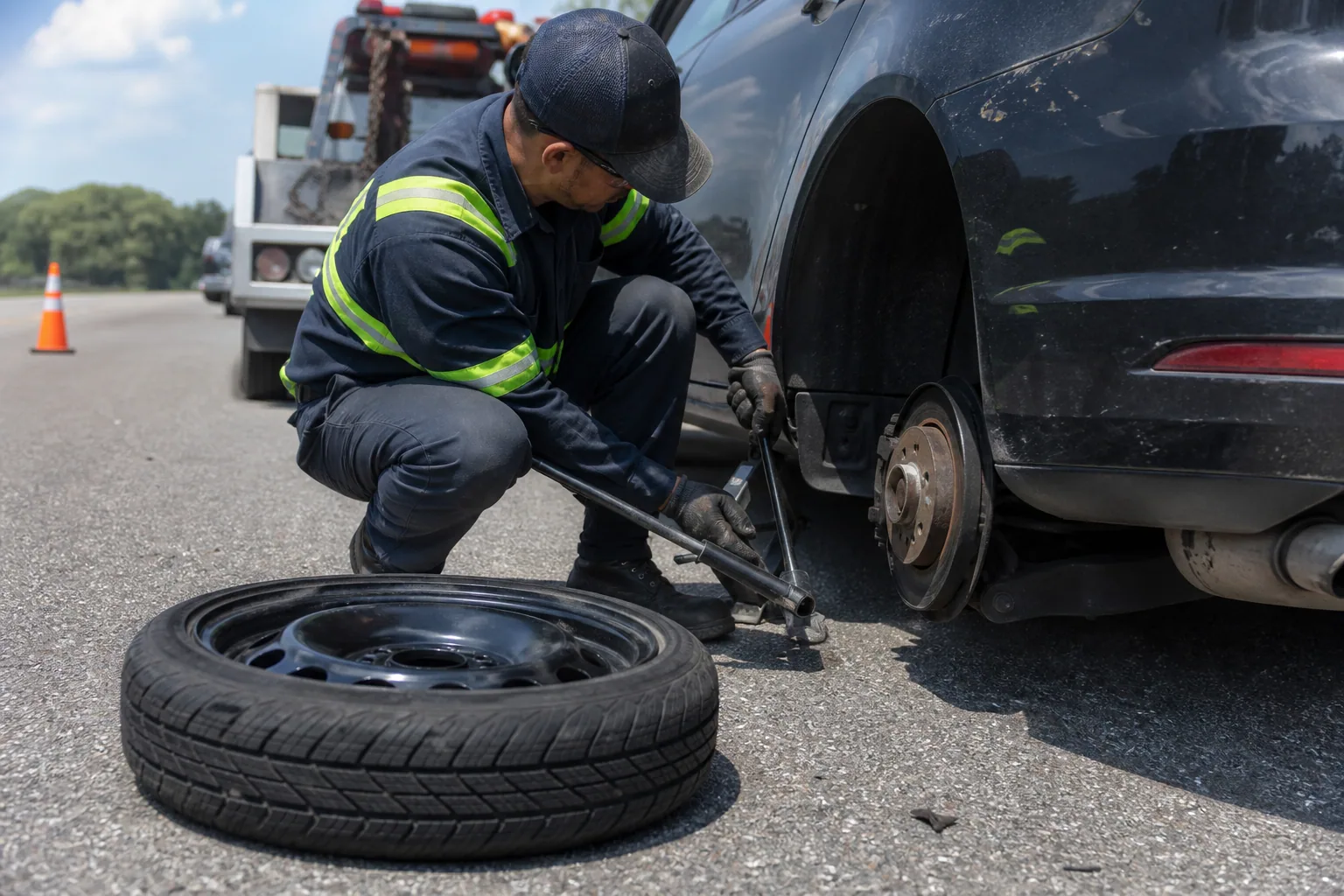 Careful equipment setup for damage-free tire change service