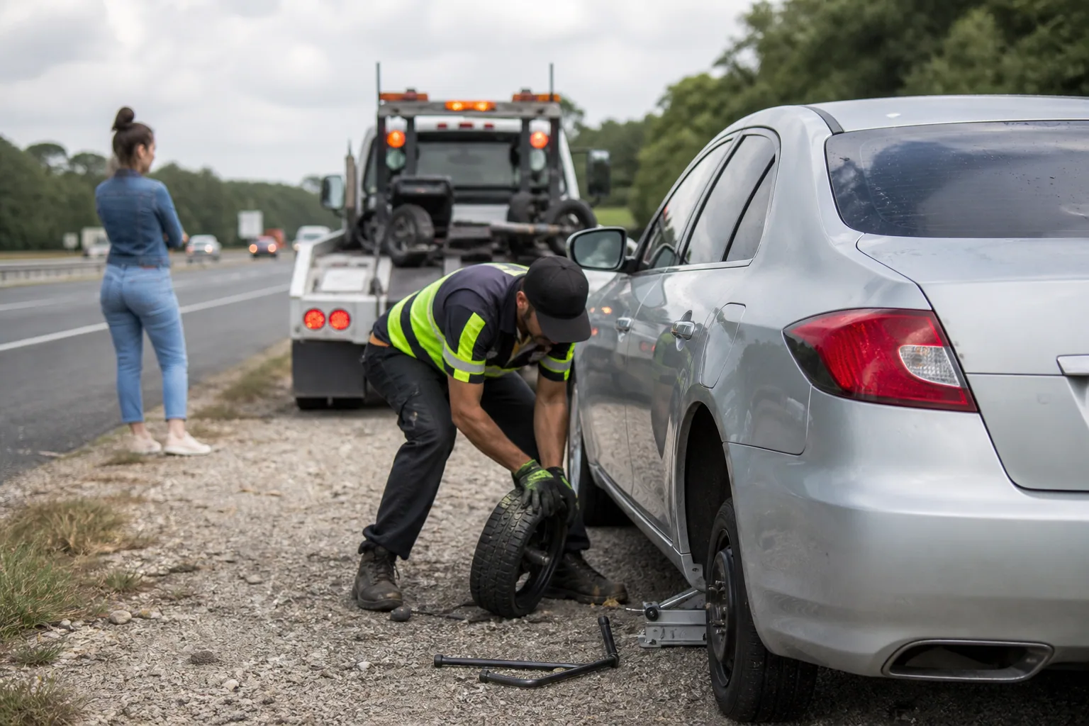 Tire Change Service help arriving for a waiting Clermont driver