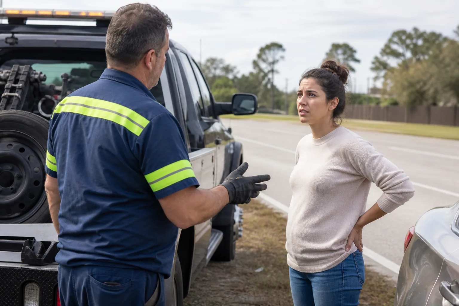 Operator explaining tire change service service to a customer