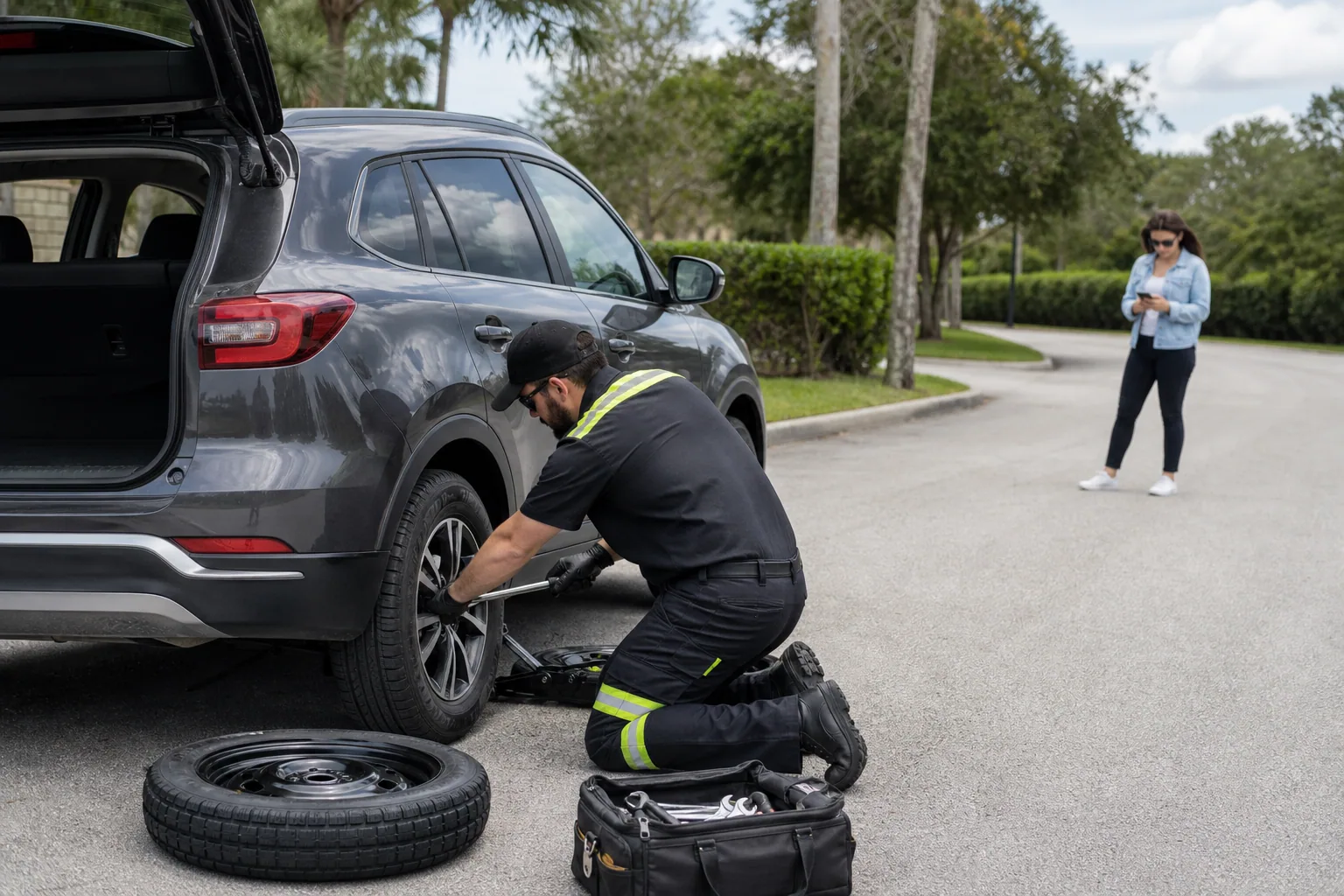 Professional tire change service underway in Clermont, Florida
