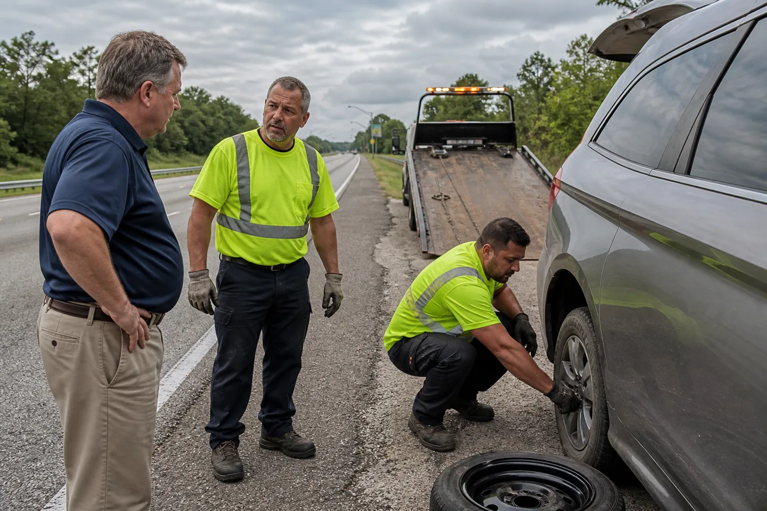 Tow operator assessing a tire change service call with a Clermont driver