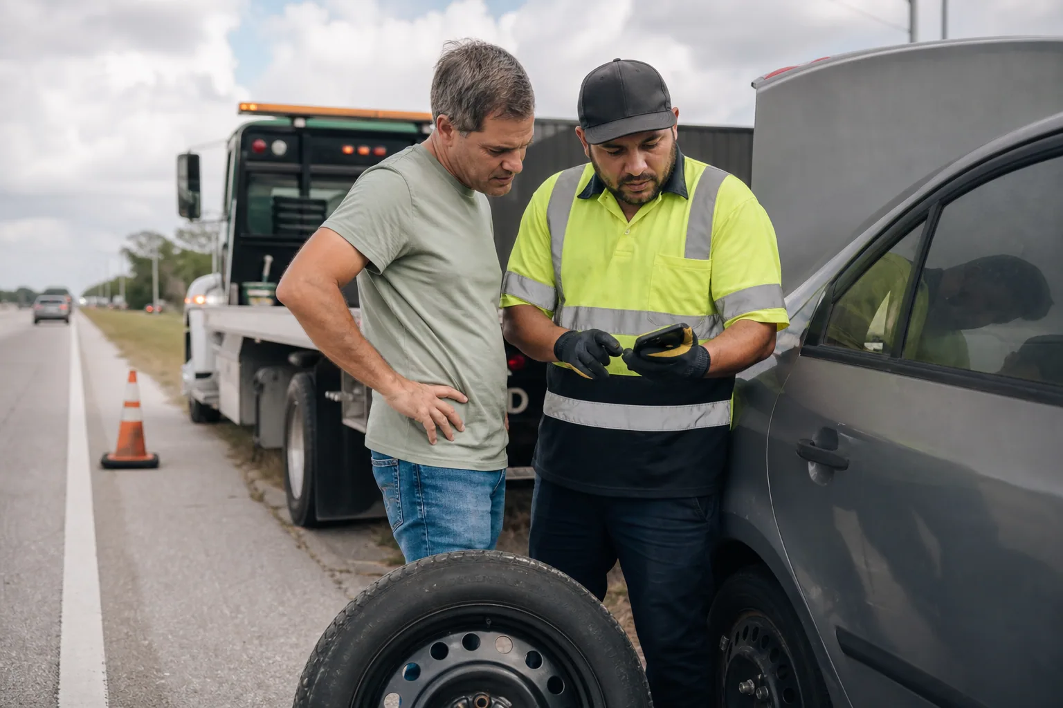 Dispatcher confirming an upfront tire change service quote