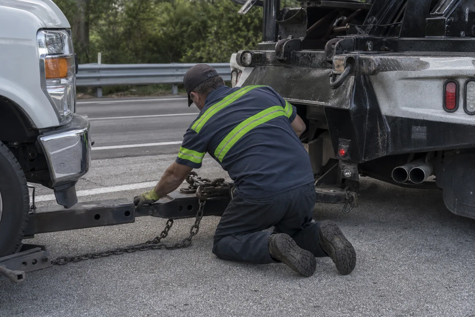 Careful equipment setup for damage-free truck towing