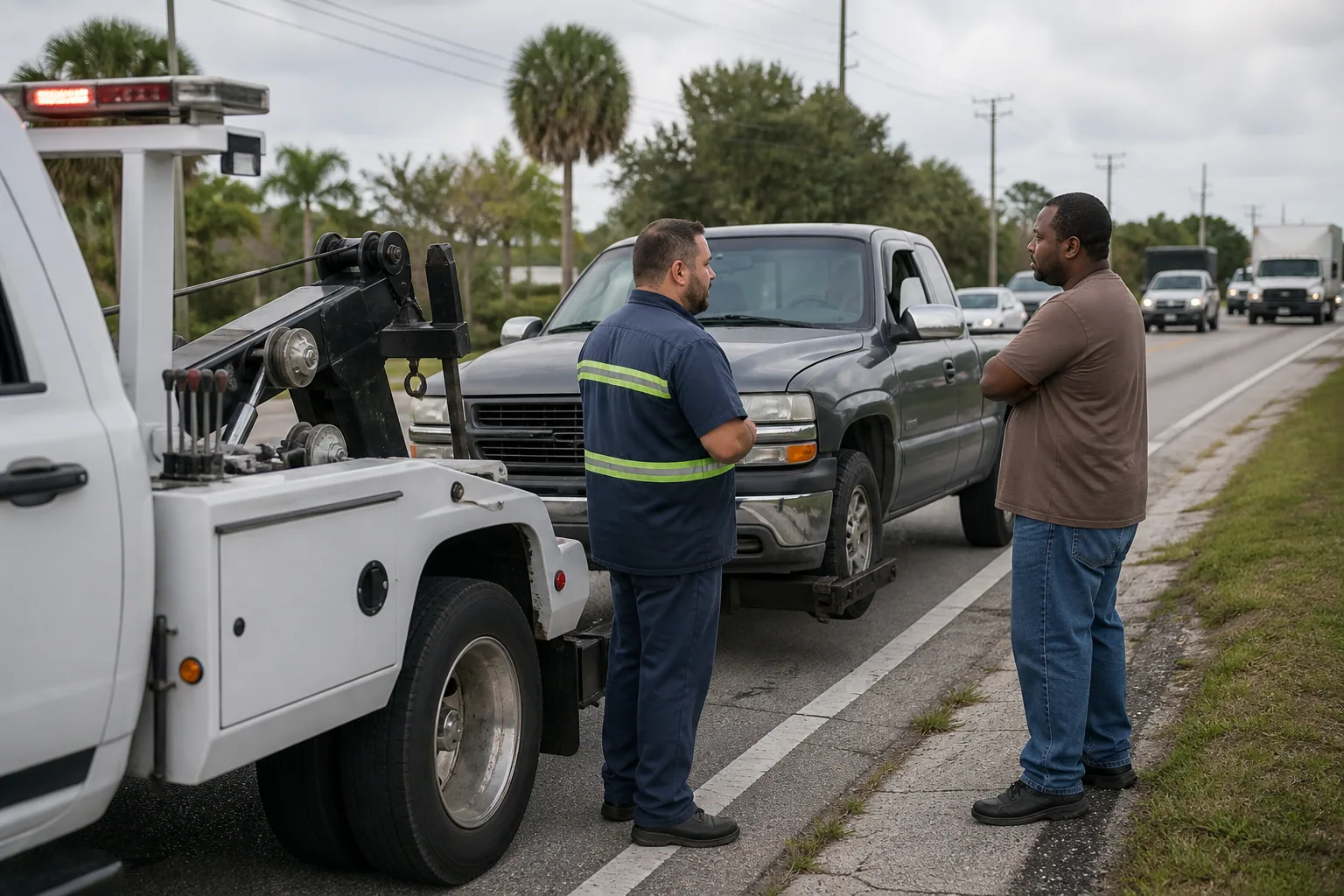 Tow operator assessing a truck towing call with a Clermont driver