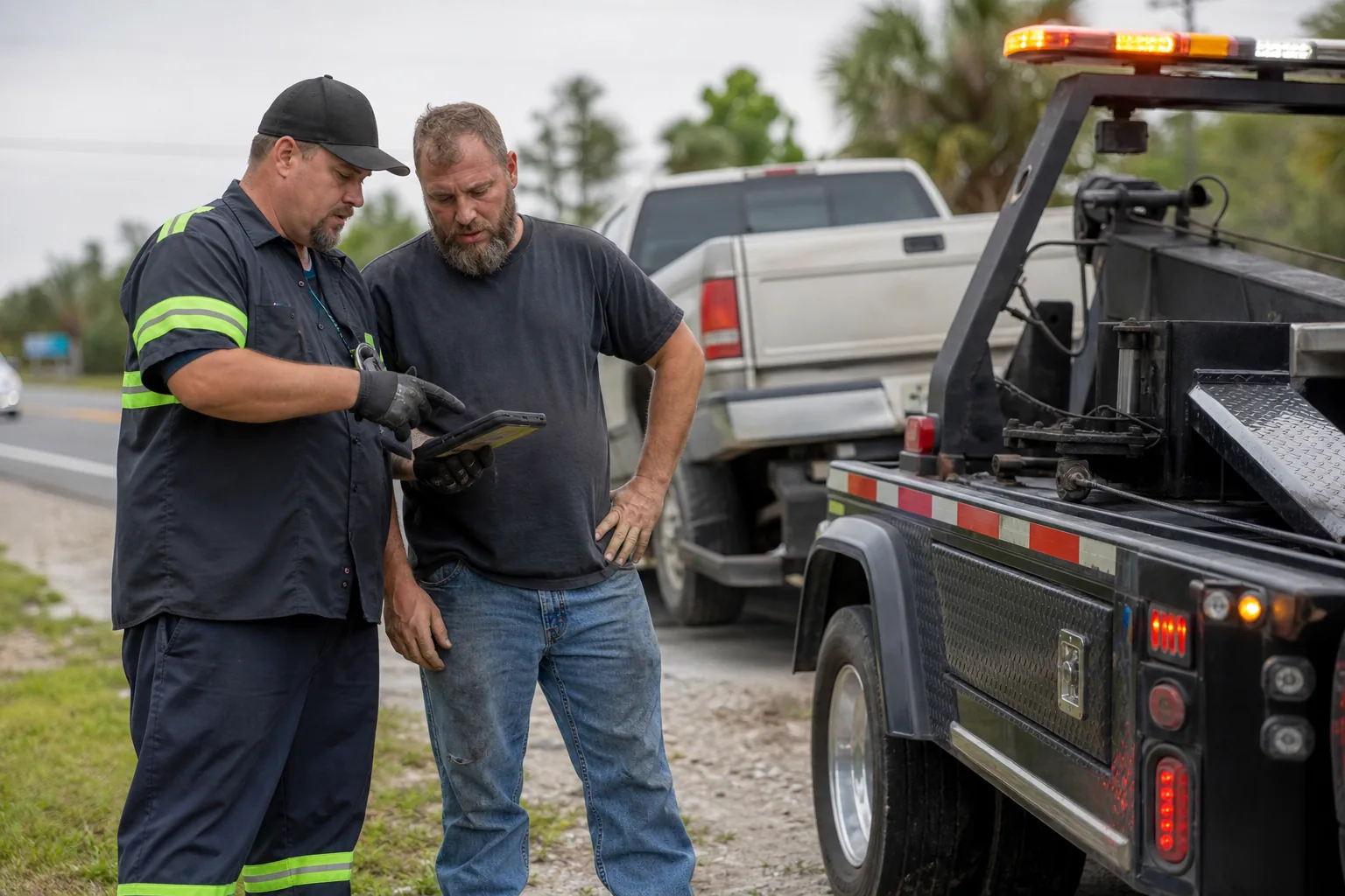 Dispatcher confirming an upfront truck towing quote