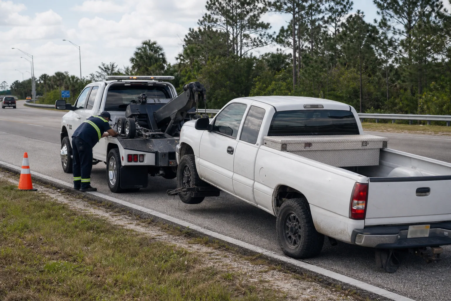 A common truck towing situation handled safely in Clermont