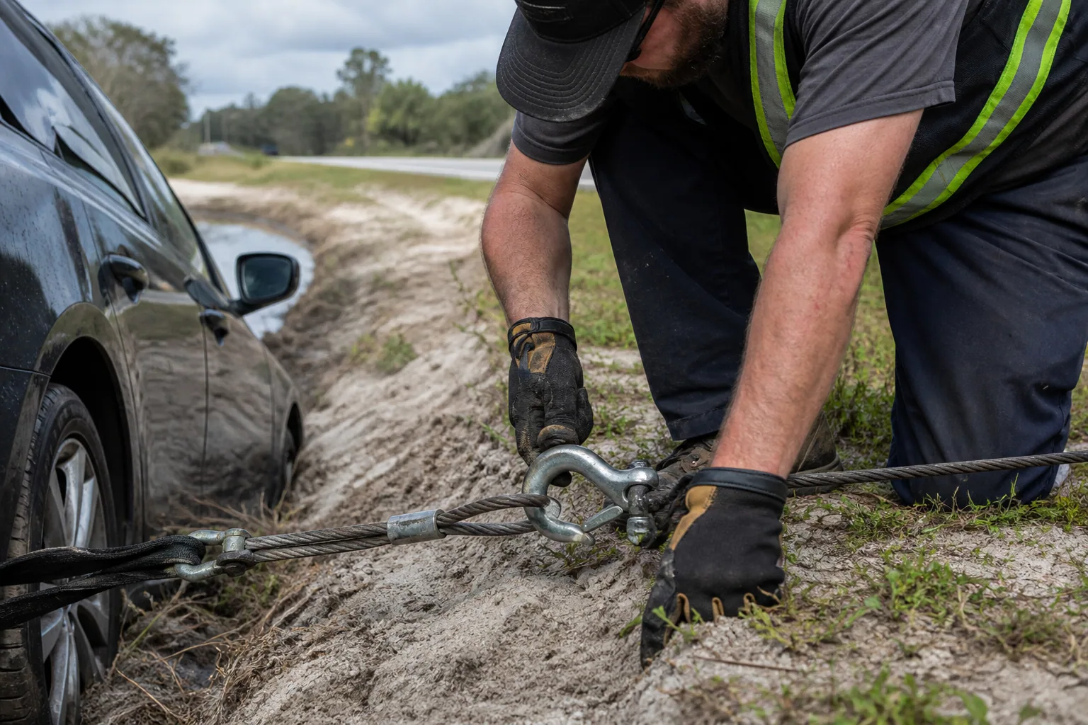 Careful equipment setup for damage-free winch out service