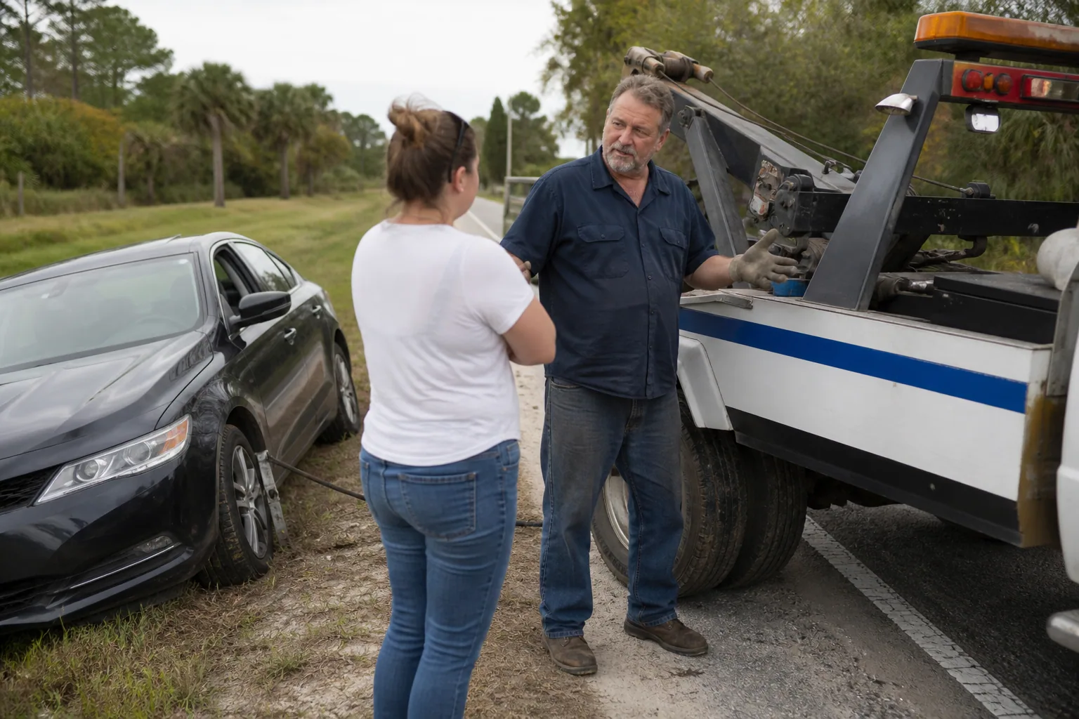 Operator explaining winch out service service to a customer