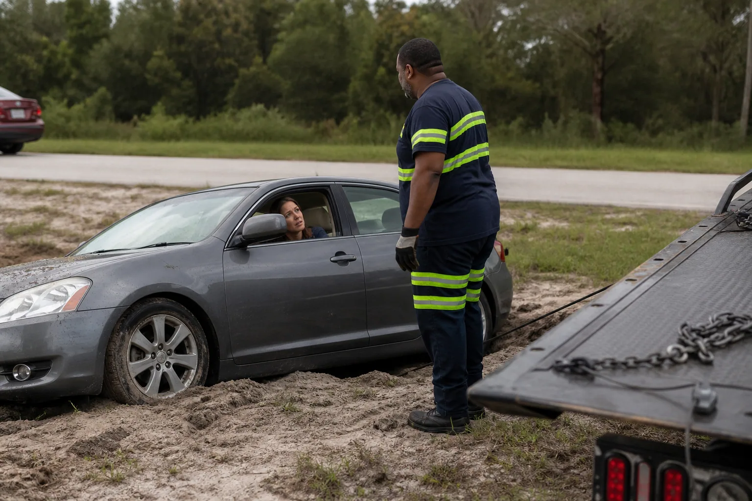 Tow operator assessing a winch out service call with a Clermont driver